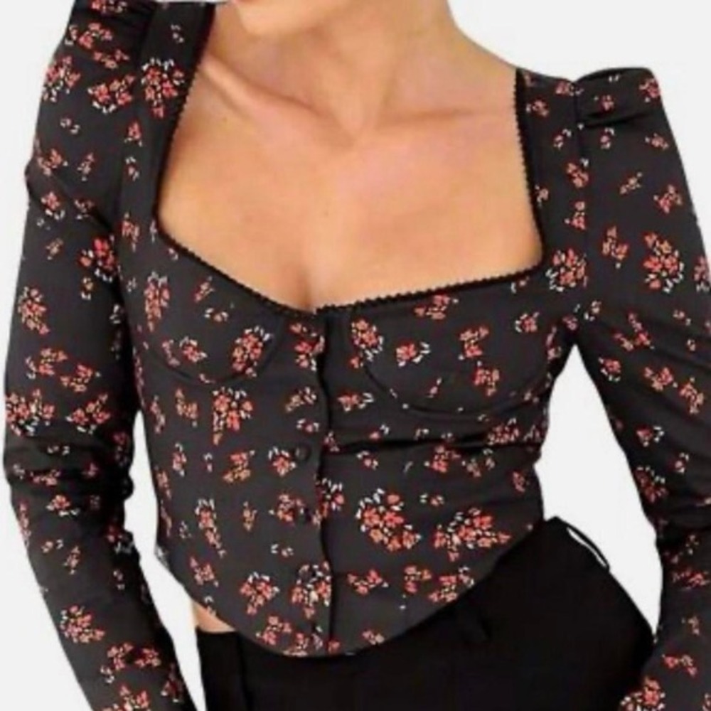 Rumored‎ - NWT- XS- Womens Antoinette Long Sleeve Corset Top Spanish Poppy